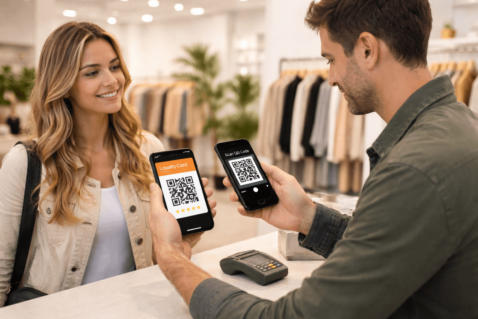 Commerçant scannant la carte de fidélité d'une cliente