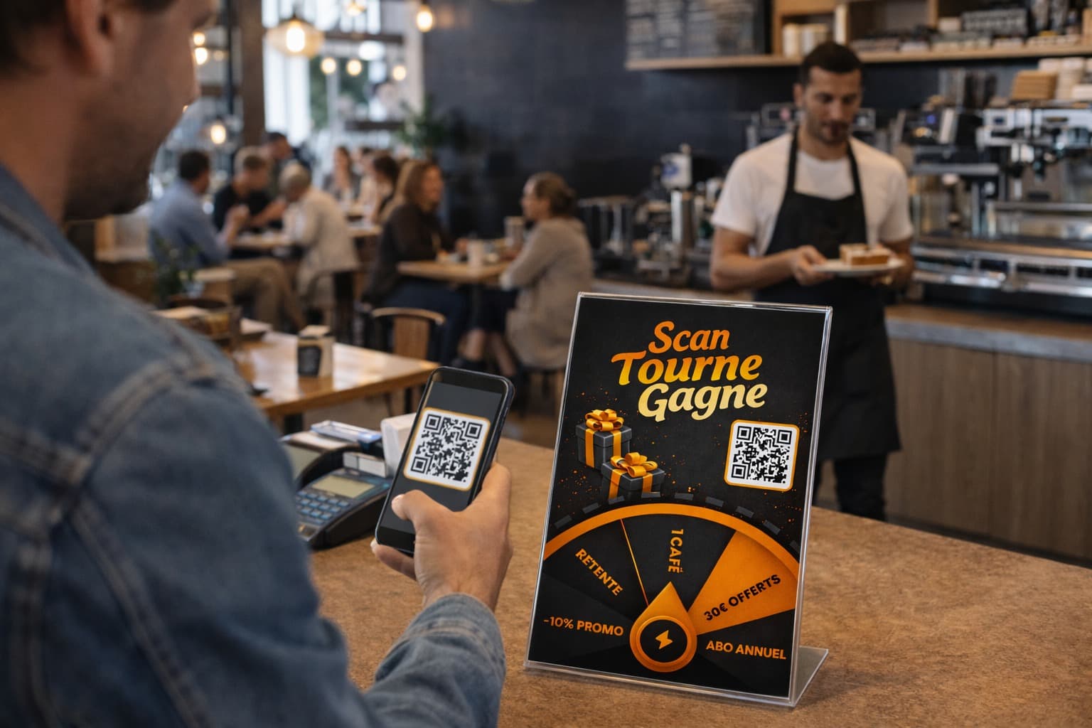 Plaquette roue de la chance disposée sur un comptoir de magasin