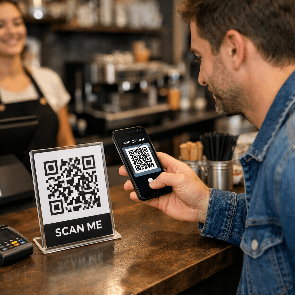 Client scannant un QR code en boutique